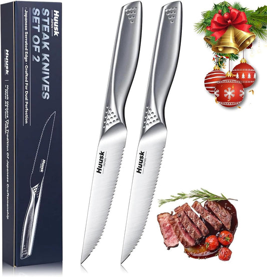 Huusk Steak Knives Set of 2, 4.5 Inch Serrated Dinner Knife with Gift Box | One-Piece High Carbon Steel Dinnerware Design with Ergonomic Metallic Handle, Japanese Stake Knife Set for Culinary BBQ