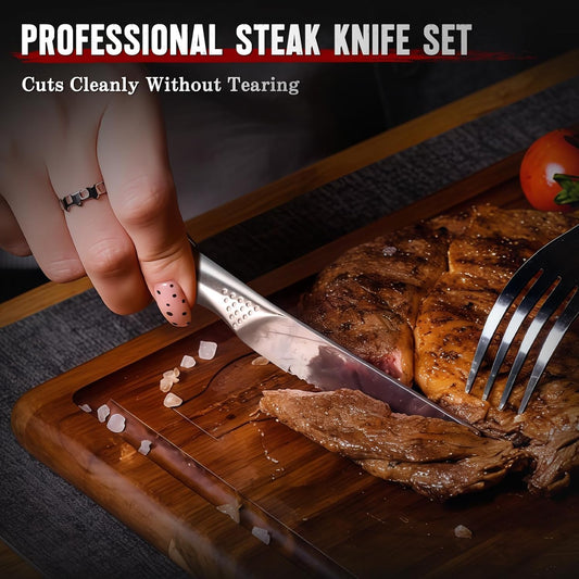 Huusk Steak Knives Set of 2, 4.5 Inch Serrated Dinner Knife with Gift Box | One-Piece High Carbon Steel Dinnerware Design with Ergonomic Metallic Handle, Japanese Stake Knife Set for Culinary BBQ