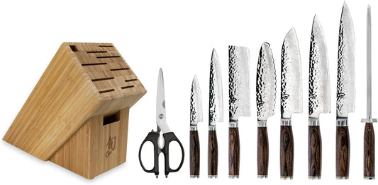 Premier 10 Piece Block Set | Includes 8" Chef, 4" Paring, 5.5" Nakiri, 7" Santoku Knife & More, Damascus Stainless Steel Cladding, Pakkawood Handle