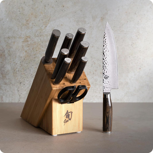 Premier 10 Piece Block Set | Includes 8" Chef, 4" Paring, 5.5" Nakiri, 7" Santoku Knife & More, Damascus Stainless Steel Cladding, Pakkawood Handle