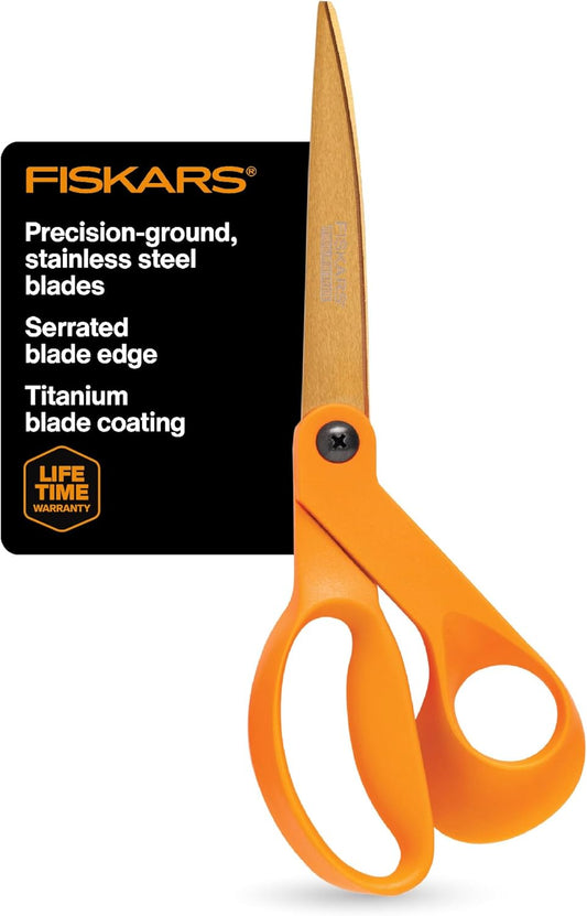 Titanium Shop Shears, Stainless Steel Precision-ground Scissors for All Purposes, Yard and Garden Tool, 9 in, Orange | Cut Shop Materials like Rope, Dowels, Vinyl Flooring, Zip Ties, Plastic Packaging, Titanium Coated Stainless Steel Blades
