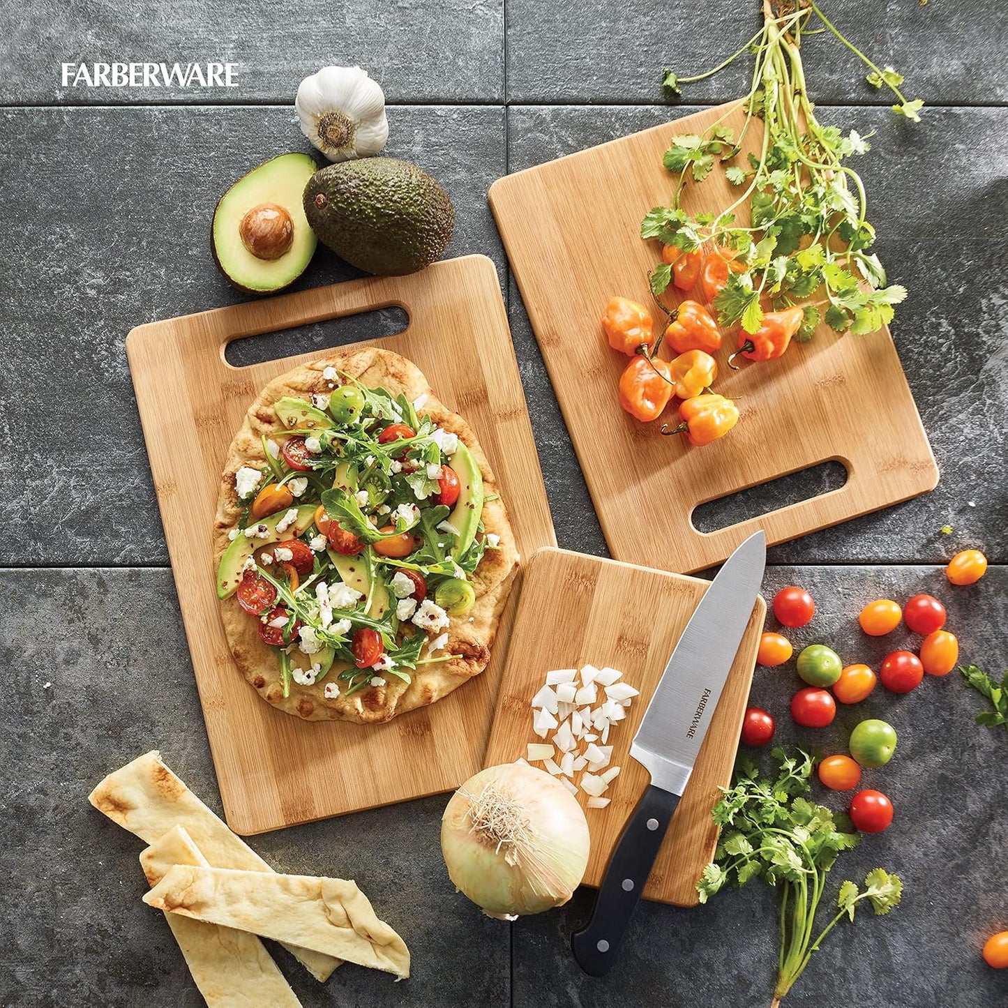 3-Piece Wood Cutting Board Set, Reversible Chopping Boards for Meal Prep and Serving, Charcuterie Boards, Wooden Cutting Boards with Built-in Handles, Set of 3 Assorted Sizes, Bamboo