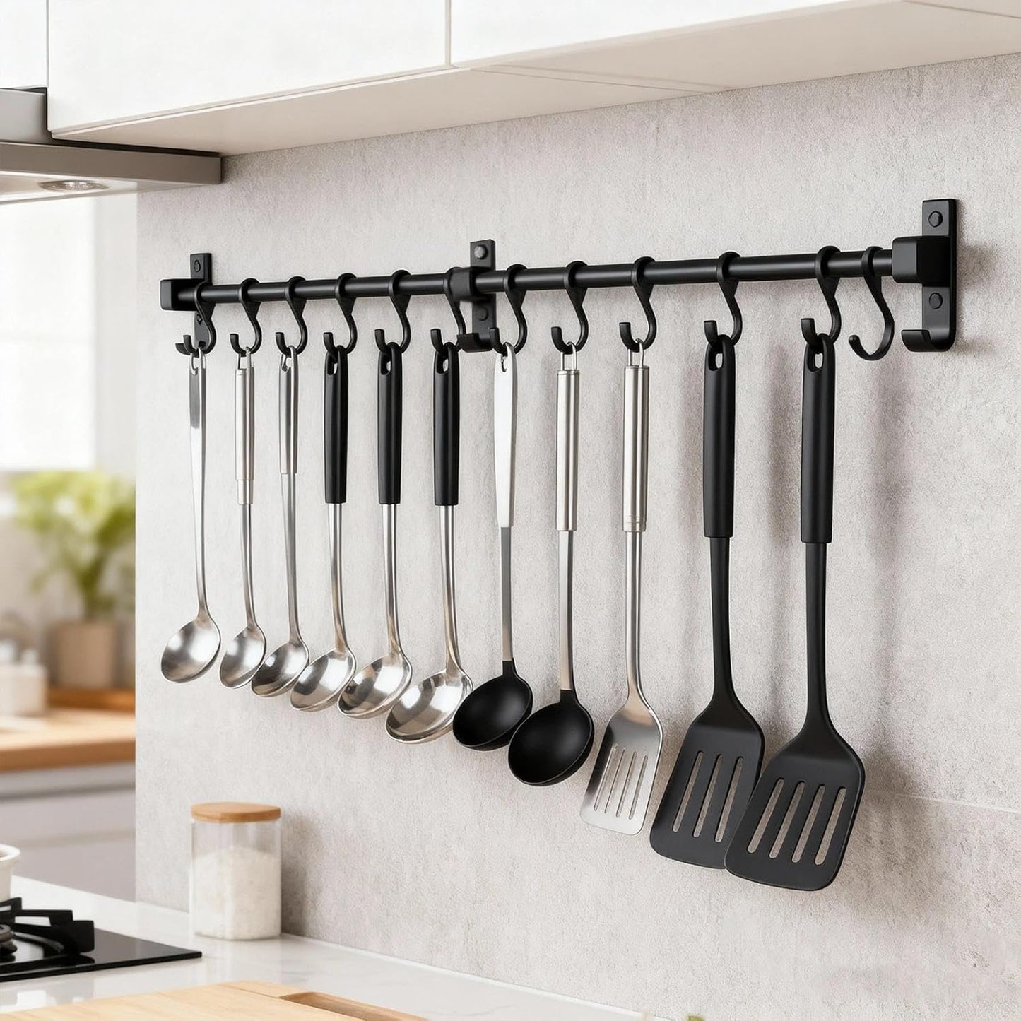 Kitchen Hanging Rack Utensil Rod, Metal Kitchen Holder Hanger, Wall Mounted Storage Rail Rack with 6 Movable Hooks for Hanging Cooking Utensils, Mugs, Spoons (31.5 inch, Black)