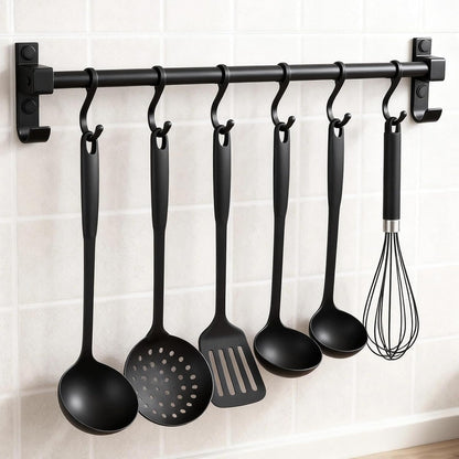 Kitchen Hanging Rack Utensil Rod, Metal Kitchen Holder Hanger, Wall Mounted Storage Rail Rack with 6 Movable Hooks for Hanging Cooking Utensils, Mugs, Spoons (31.5 inch, Black)