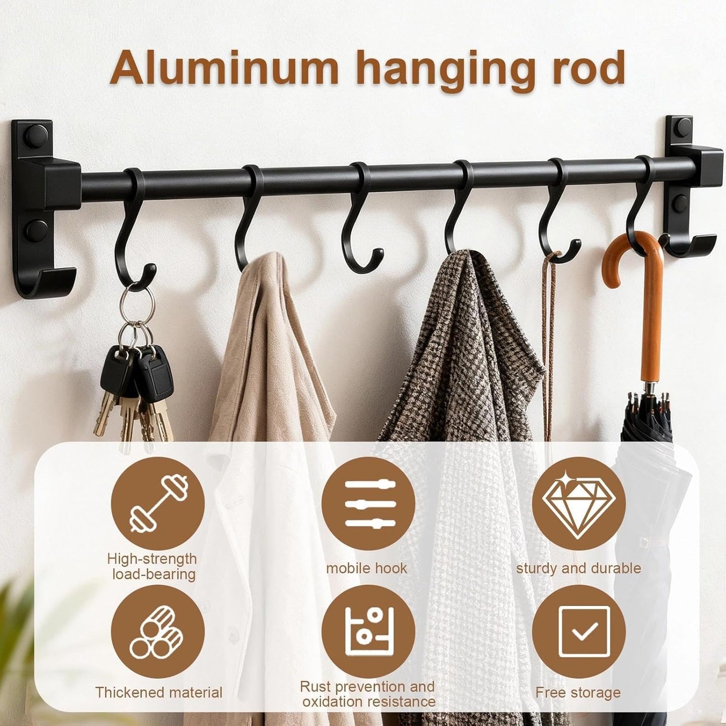 Kitchen Hanging Rack Utensil Rod, Metal Kitchen Holder Hanger, Wall Mounted Storage Rail Rack with 6 Movable Hooks for Hanging Cooking Utensils, Mugs, Spoons (31.5 inch, Black)