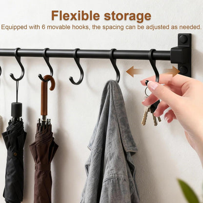 Kitchen Hanging Rack Utensil Rod, Metal Kitchen Holder Hanger, Wall Mounted Storage Rail Rack with 6 Movable Hooks for Hanging Cooking Utensils, Mugs, Spoons (31.5 inch, Black)