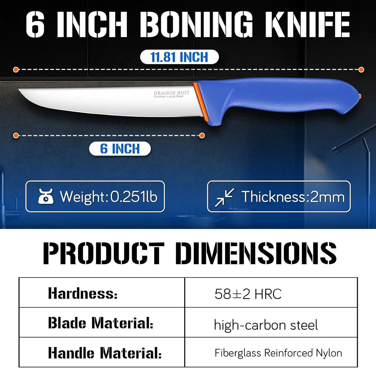 Premium Boning Knife for Meat Cutting 6 Inch BBQ Brisket Meat Trimming Butcher Knife - Stainless Fish Fillet Turkey Carving Knife