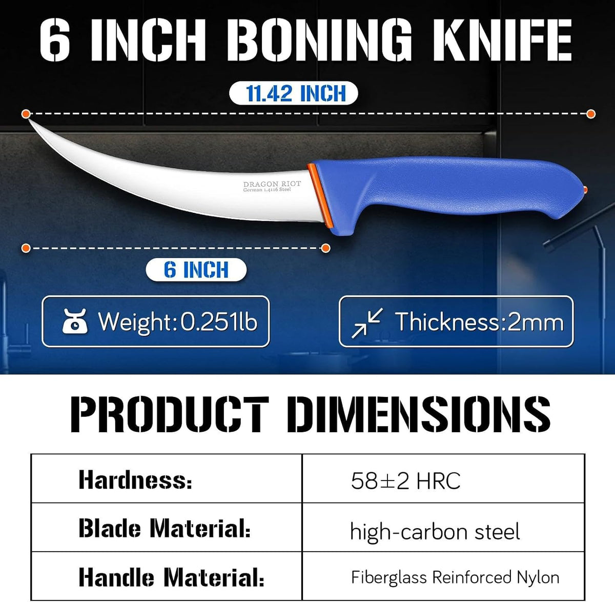 Premium Boning Knife for Meat Cutting 6 Inch BBQ Brisket Meat Trimming Butcher Knife - Stainless Fish Fillet Turkey Carving Knife