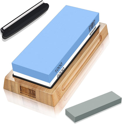 Knife Sharpening Stone Set, Dual Grit Whetstone 1000/6000 Knife Sharpener, Wet Stone for Sharping Knives with Non-slip Rubber Base Angle Guide