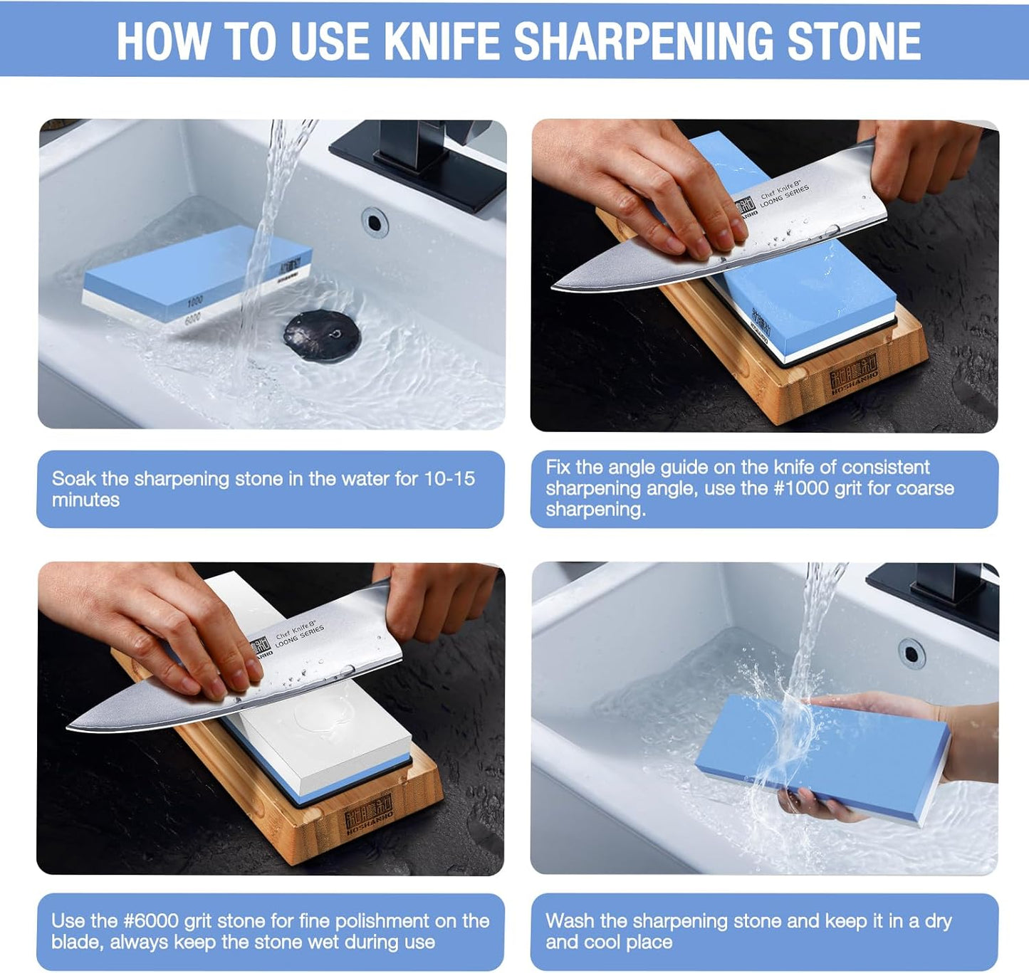 Knife Sharpening Stone Set, Dual Grit Whetstone 1000/6000 Knife Sharpener, Wet Stone for Sharping Knives with Non-slip Rubber Base Angle Guide