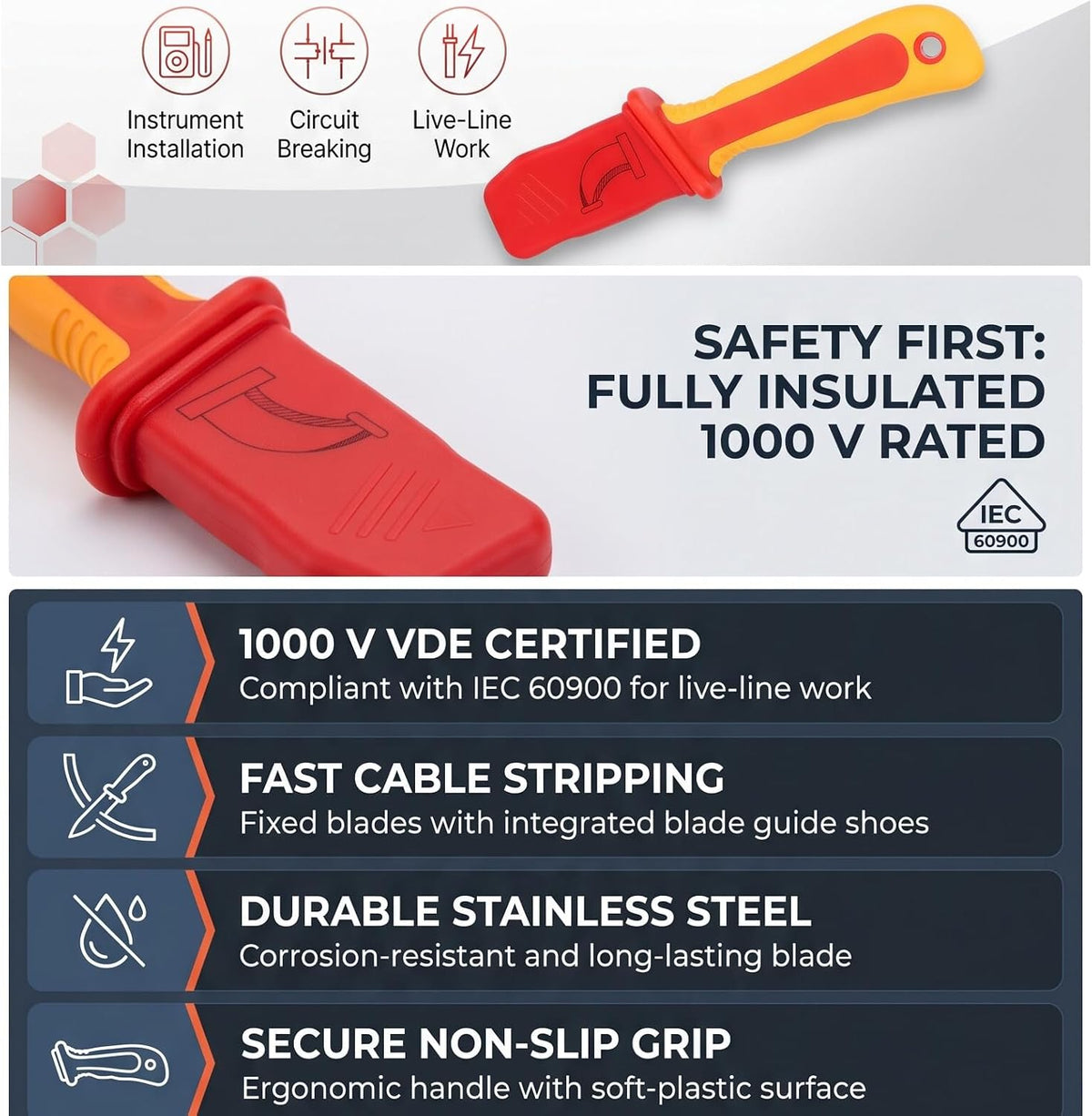 1000V Insulated Dismantling Knife Insulated Electricians Cable Stripping Knives with Non Slip Handle for Circuit Breaking Installation