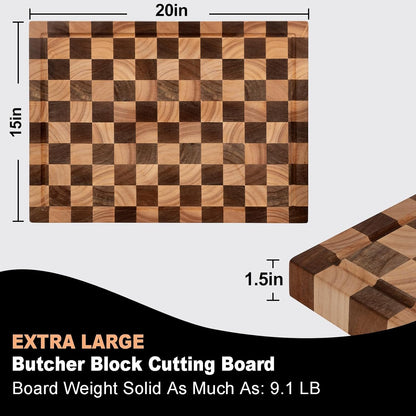 Acacia Wood Cutting Board, 20x15x1.5 Inch, Butcher Block for Kitchen, Premium Acacia Cutting Board with Juice Groove, End Grain Construction from Sustainable Acacia Wood