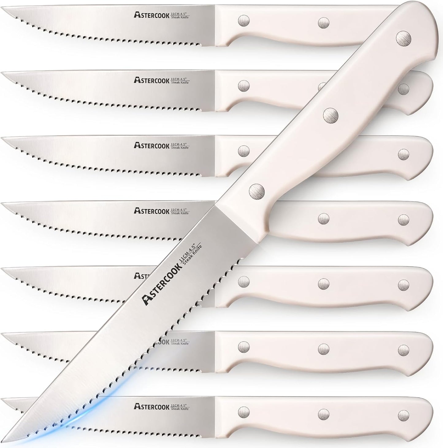 Steak Knives, Steak Knives Set of 8, High Carbon Stainless Steel Steak Knife Set with Full Tang Handle, Dishwasher Safe Serrated Knife, Elegant Cream White