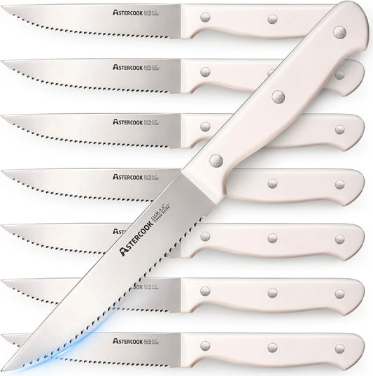 Steak Knives, Steak Knives Set of 8, High Carbon Stainless Steel Steak Knife Set with Full Tang Handle, Dishwasher Safe Serrated Knife, Elegant Cream White