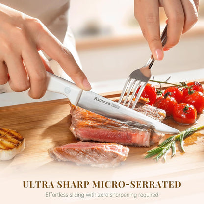 Steak Knives, Steak Knives Set of 8, High Carbon Stainless Steel Steak Knife Set with Full Tang Handle, Dishwasher Safe Serrated Knife, Elegant Cream White