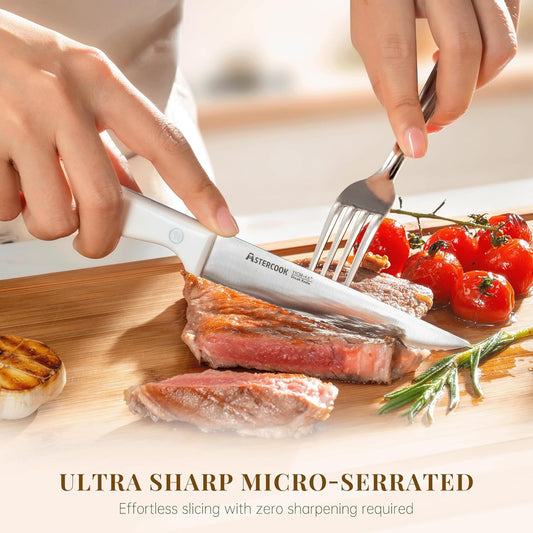 Steak Knives, Steak Knives Set of 8, High Carbon Stainless Steel Steak Knife Set with Full Tang Handle, Dishwasher Safe Serrated Knife, Elegant Cream White