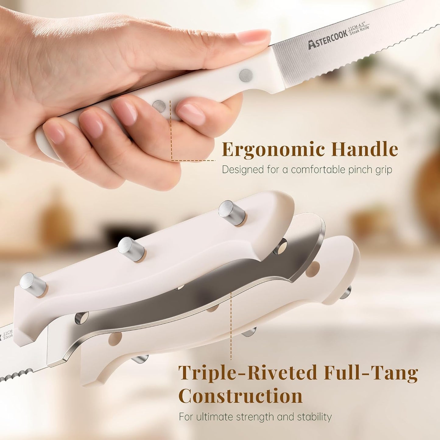 Steak Knives, Steak Knives Set of 8, High Carbon Stainless Steel Steak Knife Set with Full Tang Handle, Dishwasher Safe Serrated Knife, Elegant Cream White