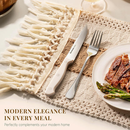 Steak Knives, Steak Knives Set of 8, High Carbon Stainless Steel Steak Knife Set with Full Tang Handle, Dishwasher Safe Serrated Knife, Elegant Cream White