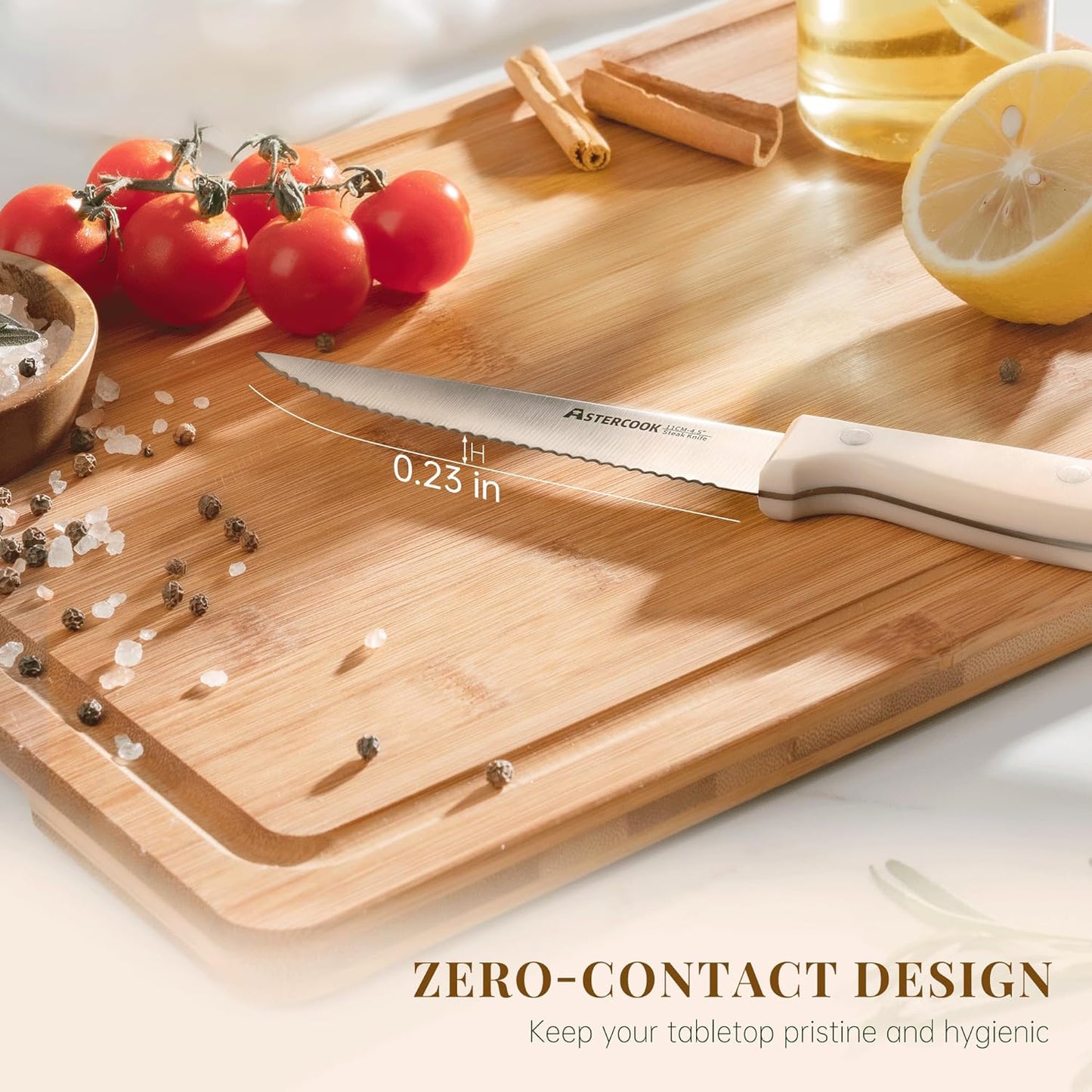 Steak Knives, Steak Knives Set of 8, High Carbon Stainless Steel Steak Knife Set with Full Tang Handle, Dishwasher Safe Serrated Knife, Elegant Cream White