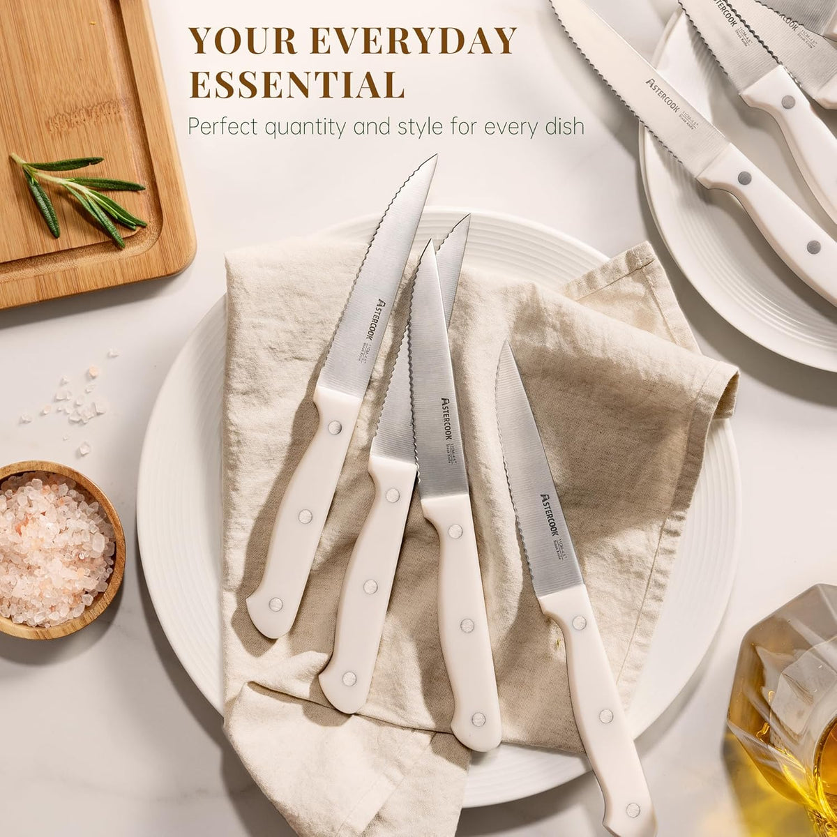 Steak Knives, Steak Knives Set of 8, High Carbon Stainless Steel Steak Knife Set with Full Tang Handle, Dishwasher Safe Serrated Knife, Elegant Cream White