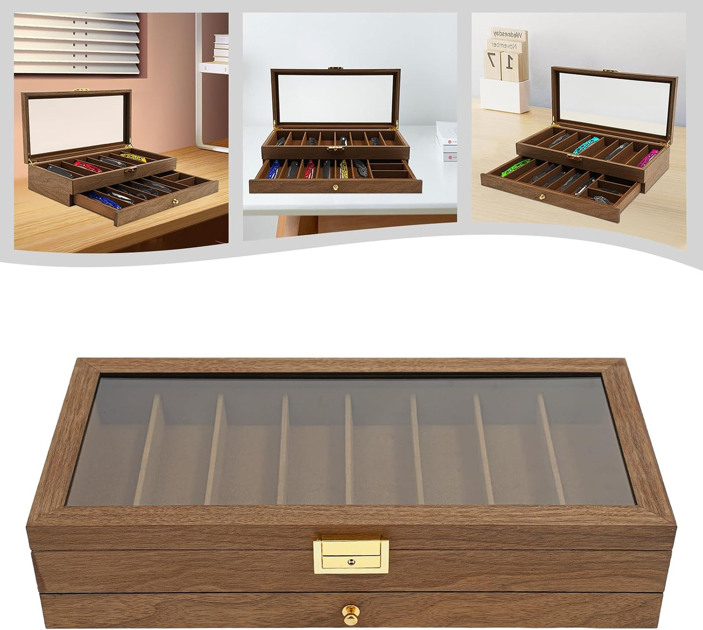 Knife Display Case, 22 Slot Storage Box, 3-Tier Lockable, Showcase & Organizer with Ebony Veneer and Real Glass Window Top for Pocket Knives, Men Gift, 15.7 * 7.6 * 4.7 in (Walnut Color, 3 Tiers)