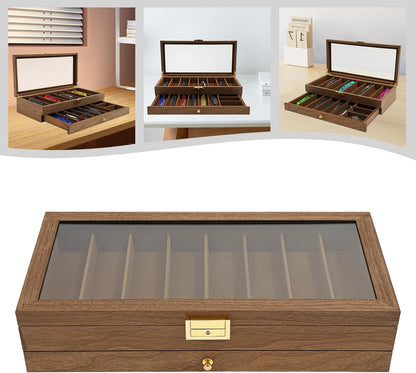 Knife Display Case, 22 Slot Storage Box, 3-Tier Lockable, Showcase & Organizer with Ebony Veneer and Real Glass Window Top for Pocket Knives, Men Gift, 15.7 * 7.6 * 4.7 in (Walnut Color, 3 Tiers)