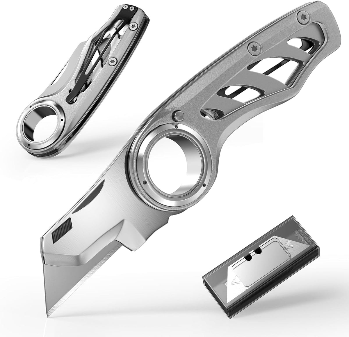 Folding Utility Knife Pocket Knife, Heavy-Duty Box Cutter with Aluminum Body, Quick-Change Blades, Anti Slip Finger Loop, Box Cutters for Home, Office, Warehouse, Durable Razor Knife, Box Knife - Grey