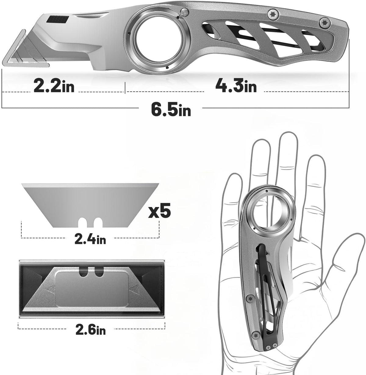 Folding Utility Knife Pocket Knife, Heavy-Duty Box Cutter with Aluminum Body, Quick-Change Blades, Anti Slip Finger Loop, Box Cutters for Home, Office, Warehouse, Durable Razor Knife, Box Knife - Grey