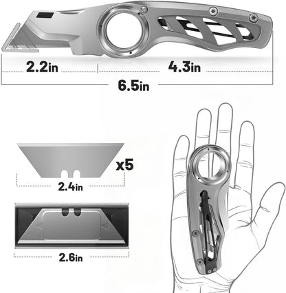 Folding Utility Knife Pocket Knife, Heavy-Duty Box Cutter with Aluminum Body, Quick-Change Blades, Anti Slip Finger Loop, Box Cutters for Home, Office, Warehouse, Durable Razor Knife, Box Knife - Grey