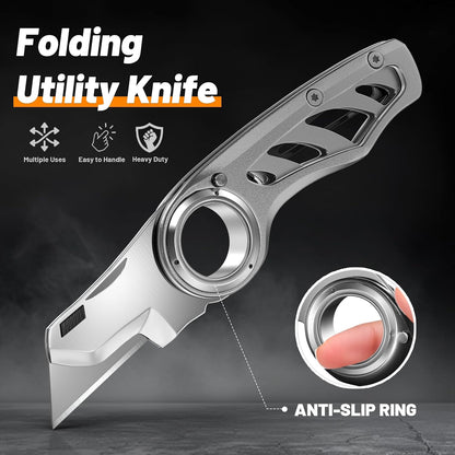 Folding Utility Knife Pocket Knife, Heavy-Duty Box Cutter with Aluminum Body, Quick-Change Blades, Anti Slip Finger Loop, Box Cutters for Home, Office, Warehouse, Durable Razor Knife, Box Knife - Grey