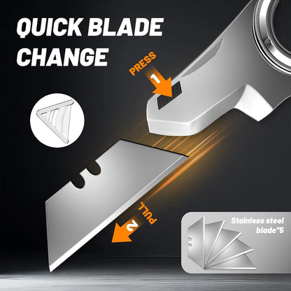 Folding Utility Knife Pocket Knife, Heavy-Duty Box Cutter with Aluminum Body, Quick-Change Blades, Anti Slip Finger Loop, Box Cutters for Home, Office, Warehouse, Durable Razor Knife, Box Knife - Grey