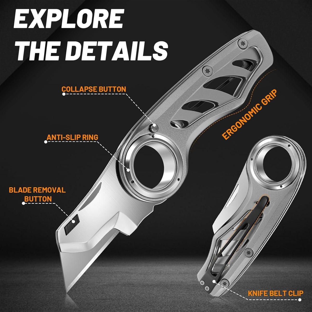 Folding Utility Knife Pocket Knife, Heavy-Duty Box Cutter with Aluminum Body, Quick-Change Blades, Anti Slip Finger Loop, Box Cutters for Home, Office, Warehouse, Durable Razor Knife, Box Knife - Grey