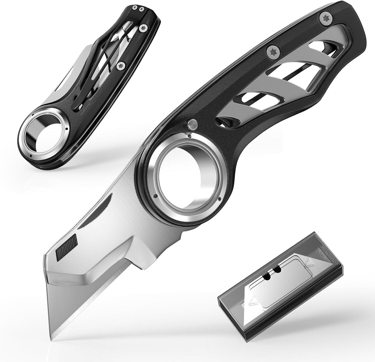 Folding Utility Knife Pocket Knife, Heavy-Duty Box Cutter with Aluminum Body, Quick-Change Blades, Anti Slip Finger Loop, Box Cutters for Home, Office, Warehouse, Durable Razor Knife, Box Knife - Grey