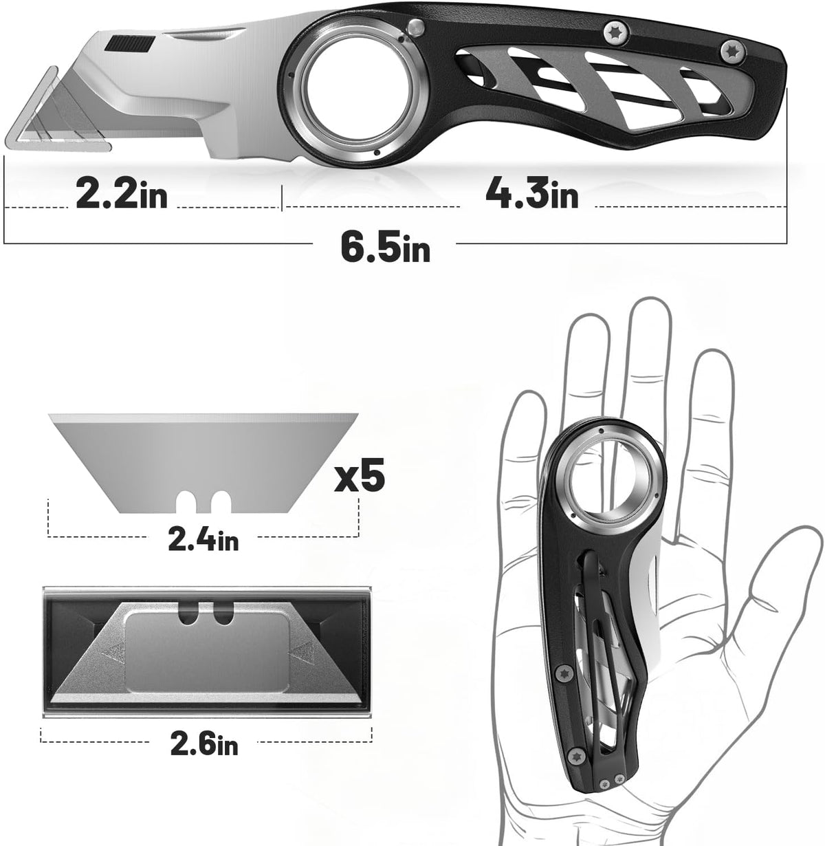Folding Utility Knife Pocket Knife, Heavy-Duty Box Cutter with Aluminum Body, Quick-Change Blades, Anti Slip Finger Loop, Box Cutters for Home, Office, Warehouse, Durable Razor Knife, Box Knife - Grey