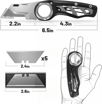 Folding Utility Knife Pocket Knife, Heavy-Duty Box Cutter with Aluminum Body, Quick-Change Blades, Anti Slip Finger Loop, Box Cutters for Home, Office, Warehouse, Durable Razor Knife, Box Knife - Grey