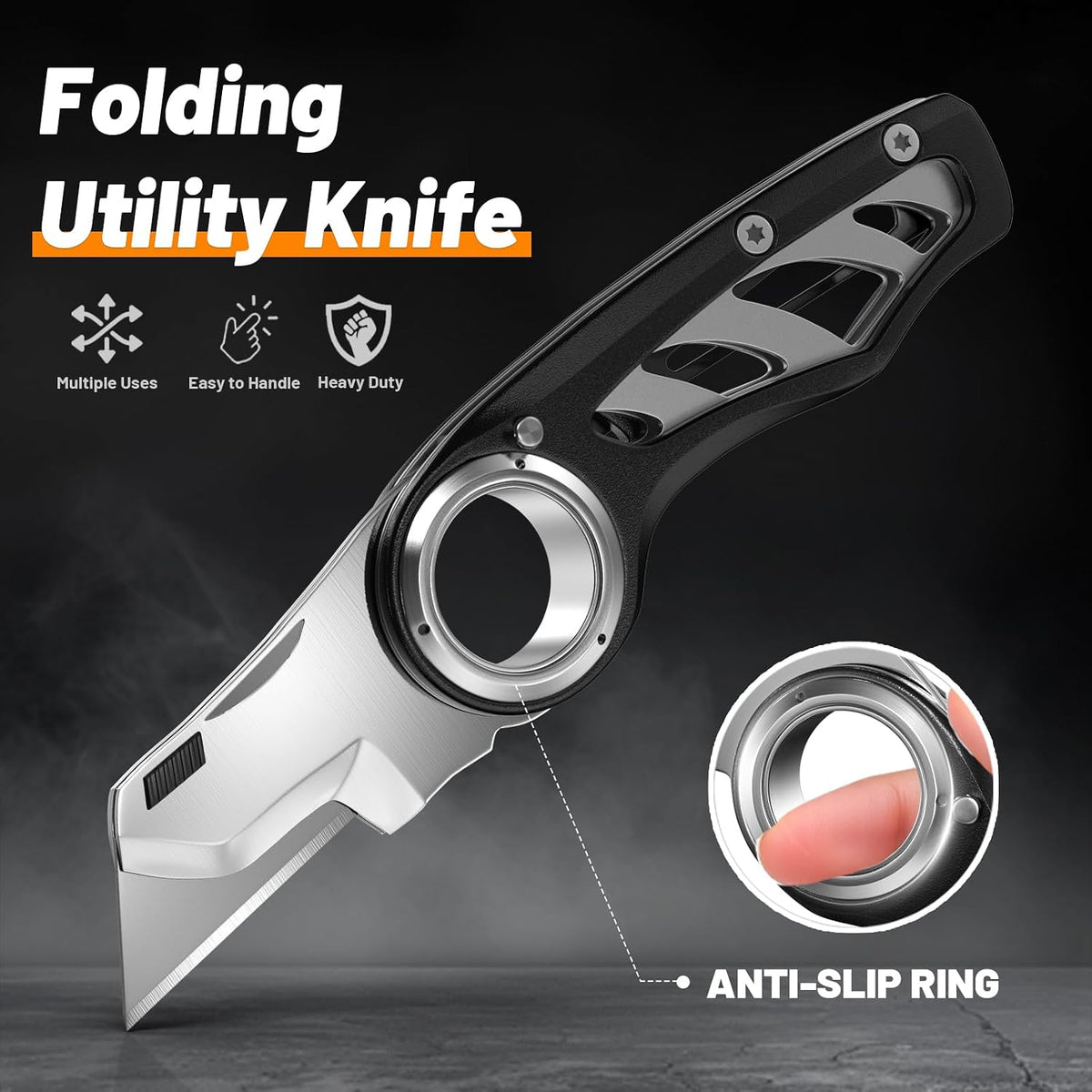 Folding Utility Knife Pocket Knife, Heavy-Duty Box Cutter with Aluminum Body, Quick-Change Blades, Anti Slip Finger Loop, Box Cutters for Home, Office, Warehouse, Durable Razor Knife, Box Knife - Grey
