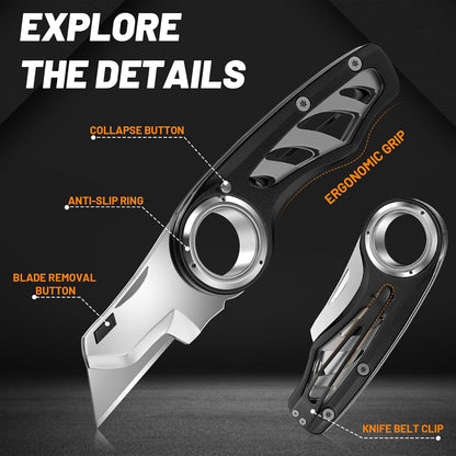 Folding Utility Knife Pocket Knife, Heavy-Duty Box Cutter with Aluminum Body, Quick-Change Blades, Anti Slip Finger Loop, Box Cutters for Home, Office, Warehouse, Durable Razor Knife, Box Knife - Grey