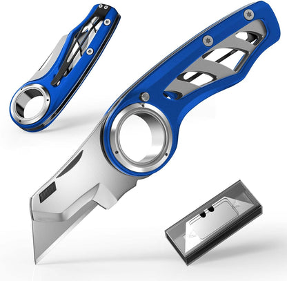 Folding Utility Knife Pocket Knife, Heavy-Duty Box Cutter with Aluminum Body, Quick-Change Blades, Anti Slip Finger Loop, Box Cutters for Home, Office, Warehouse, Durable Razor Knife, Box Knife - Grey