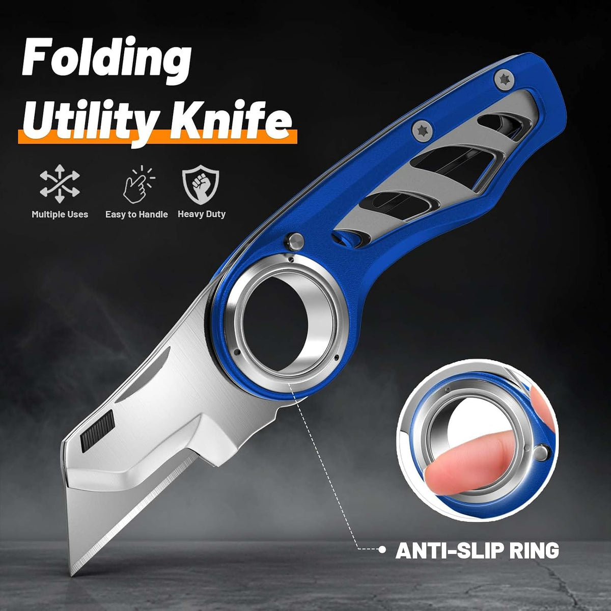 Folding Utility Knife Pocket Knife, Heavy-Duty Box Cutter with Aluminum Body, Quick-Change Blades, Anti Slip Finger Loop, Box Cutters for Home, Office, Warehouse, Durable Razor Knife, Box Knife - Grey