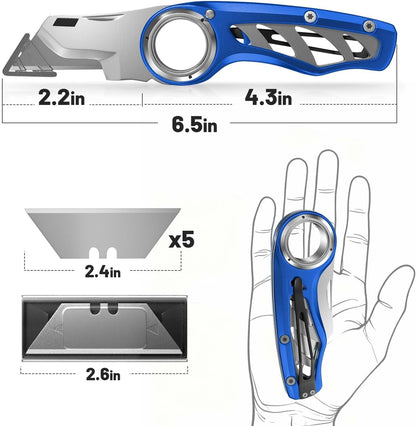 Folding Utility Knife Pocket Knife, Heavy-Duty Box Cutter with Aluminum Body, Quick-Change Blades, Anti Slip Finger Loop, Box Cutters for Home, Office, Warehouse, Durable Razor Knife, Box Knife - Grey