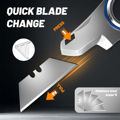 Folding Utility Knife Pocket Knife, Heavy-Duty Box Cutter with Aluminum Body, Quick-Change Blades, Anti Slip Finger Loop, Box Cutters for Home, Office, Warehouse, Durable Razor Knife, Box Knife - Grey