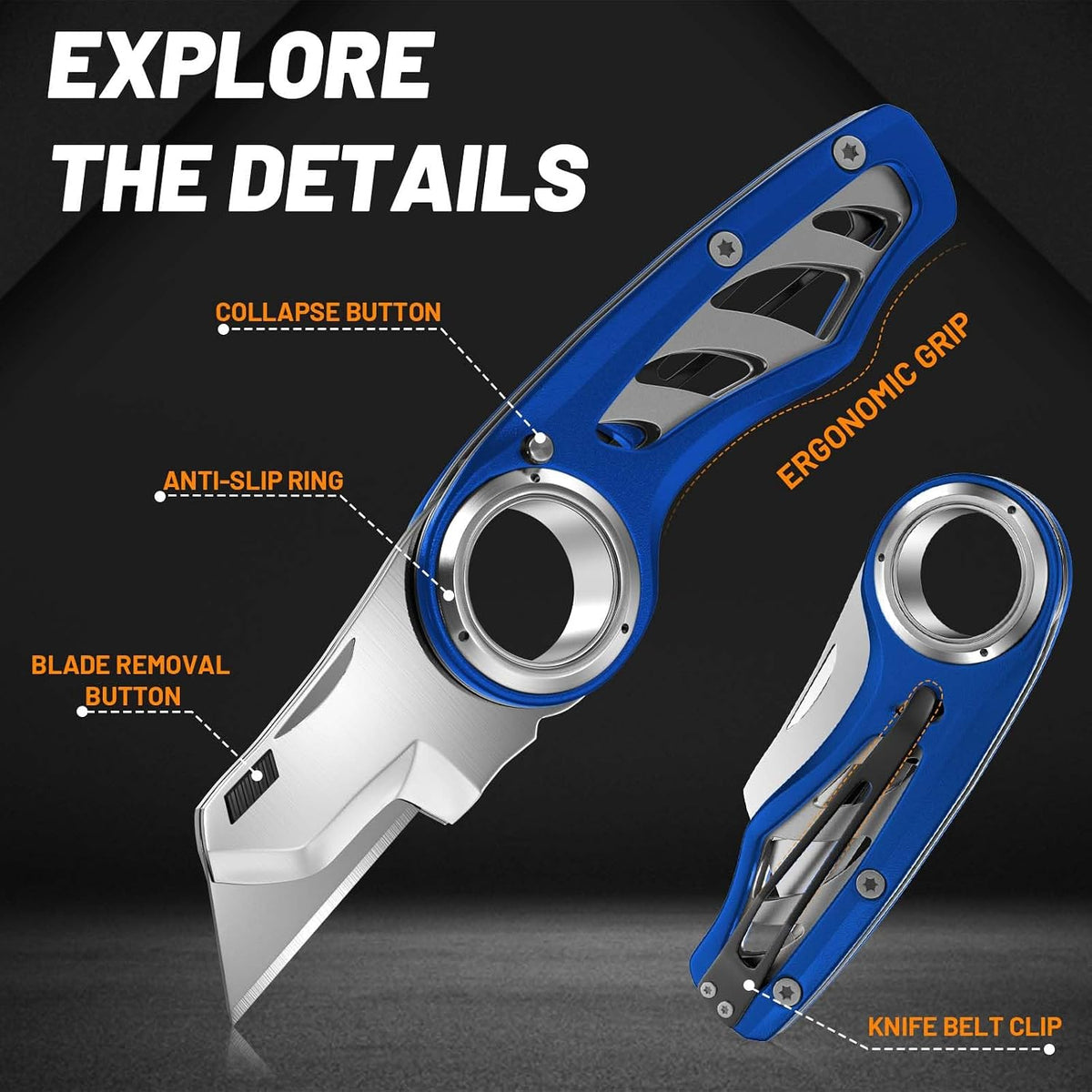 Folding Utility Knife Pocket Knife, Heavy-Duty Box Cutter with Aluminum Body, Quick-Change Blades, Anti Slip Finger Loop, Box Cutters for Home, Office, Warehouse, Durable Razor Knife, Box Knife - Grey