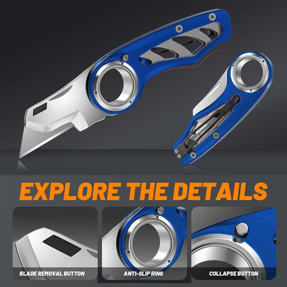 Folding Utility Knife Pocket Knife, Heavy-Duty Box Cutter with Aluminum Body, Quick-Change Blades, Anti Slip Finger Loop, Box Cutters for Home, Office, Warehouse, Durable Razor Knife, Box Knife - Grey
