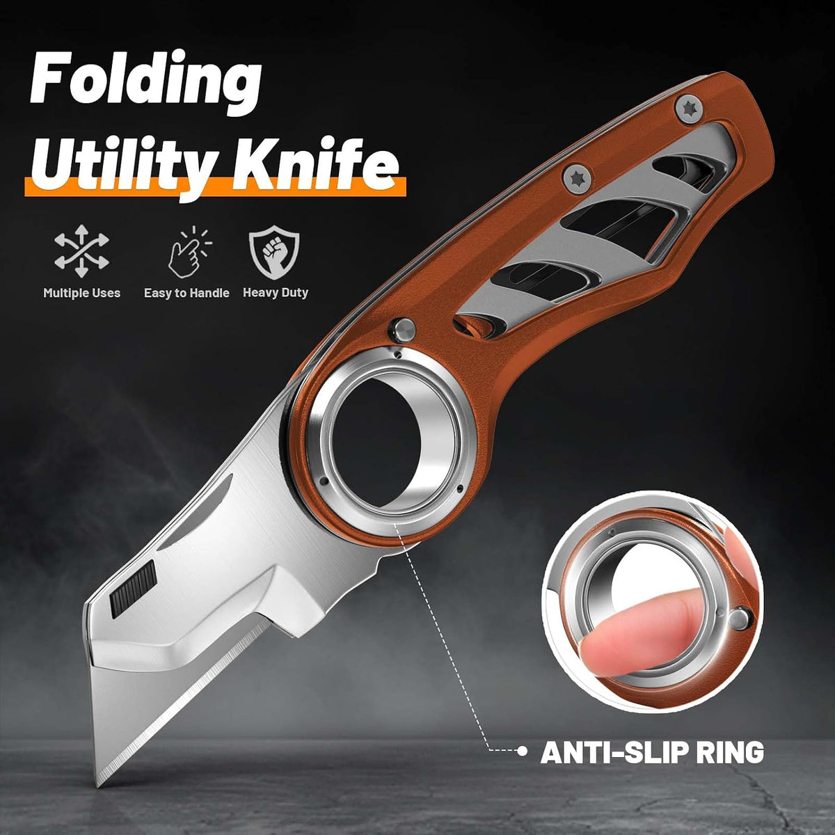 Folding Utility Knife Pocket Knife, Heavy-Duty Box Cutter with Aluminum Body, Quick-Change Blades, Anti Slip Finger Loop, Box Cutters for Home, Office, Warehouse, Durable Razor Knife, Box Knife - Grey