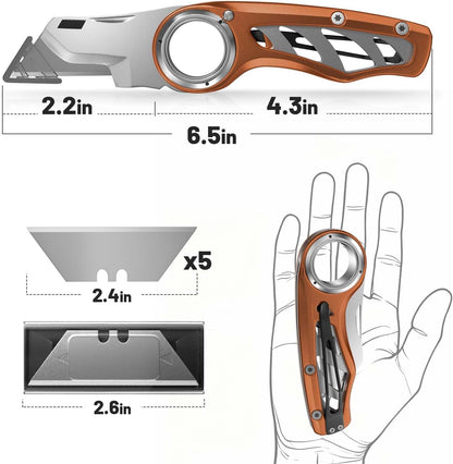 Folding Utility Knife Pocket Knife, Heavy-Duty Box Cutter with Aluminum Body, Quick-Change Blades, Anti Slip Finger Loop, Box Cutters for Home, Office, Warehouse, Durable Razor Knife, Box Knife - Grey