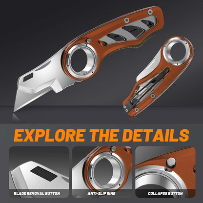 Folding Utility Knife Pocket Knife, Heavy-Duty Box Cutter with Aluminum Body, Quick-Change Blades, Anti Slip Finger Loop, Box Cutters for Home, Office, Warehouse, Durable Razor Knife, Box Knife - Grey