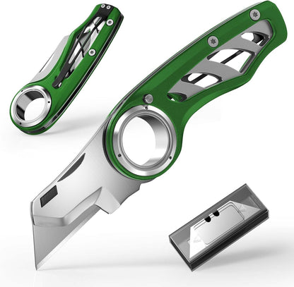 Folding Utility Knife Pocket Knife, Heavy-Duty Box Cutter with Aluminum Body, Quick-Change Blades, Anti Slip Finger Loop, Box Cutters for Home, Office, Warehouse, Durable Razor Knife, Box Knife - Grey