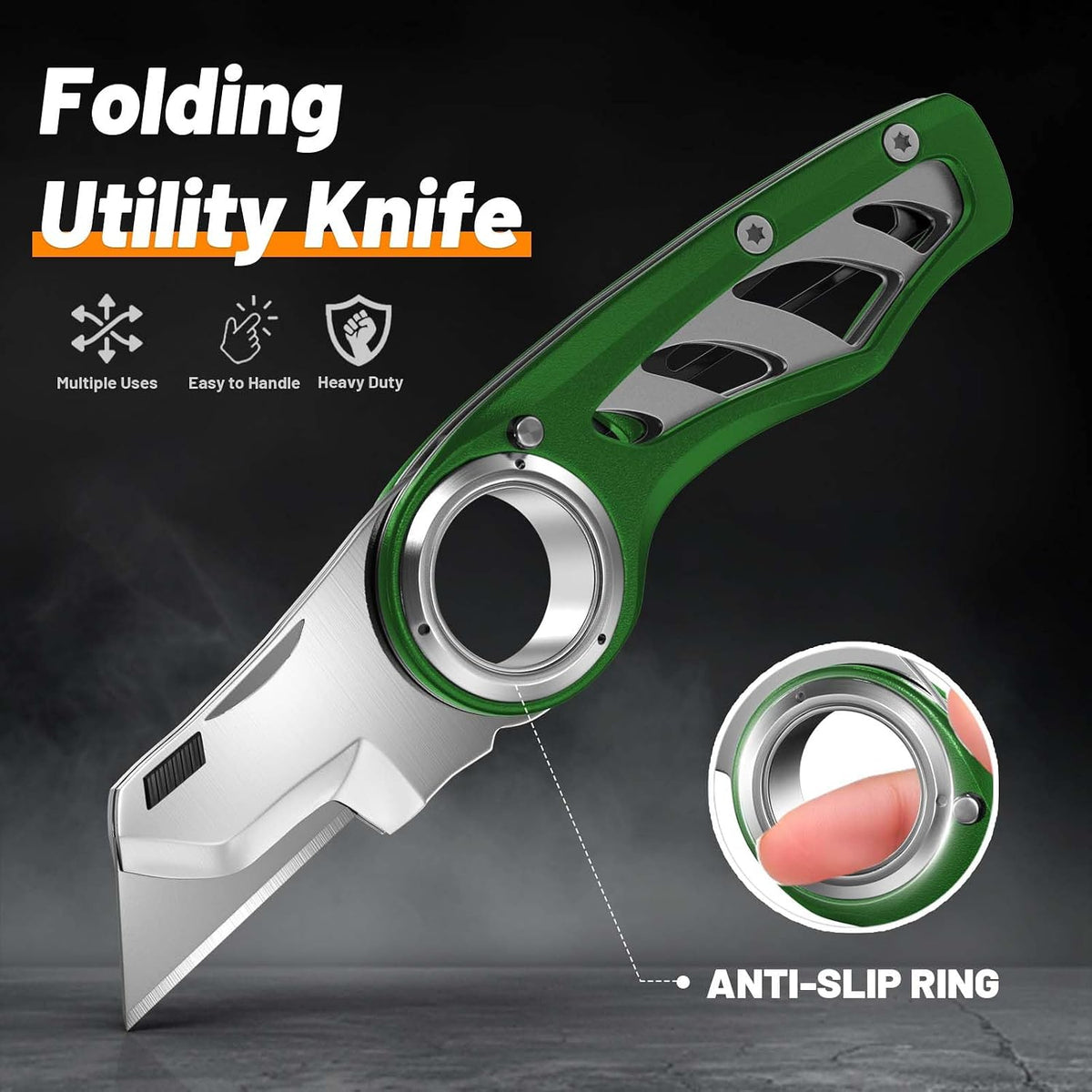 Folding Utility Knife Pocket Knife, Heavy-Duty Box Cutter with Aluminum Body, Quick-Change Blades, Anti Slip Finger Loop, Box Cutters for Home, Office, Warehouse, Durable Razor Knife, Box Knife - Grey