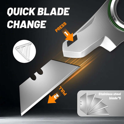Folding Utility Knife Pocket Knife, Heavy-Duty Box Cutter with Aluminum Body, Quick-Change Blades, Anti Slip Finger Loop, Box Cutters for Home, Office, Warehouse, Durable Razor Knife, Box Knife - Grey