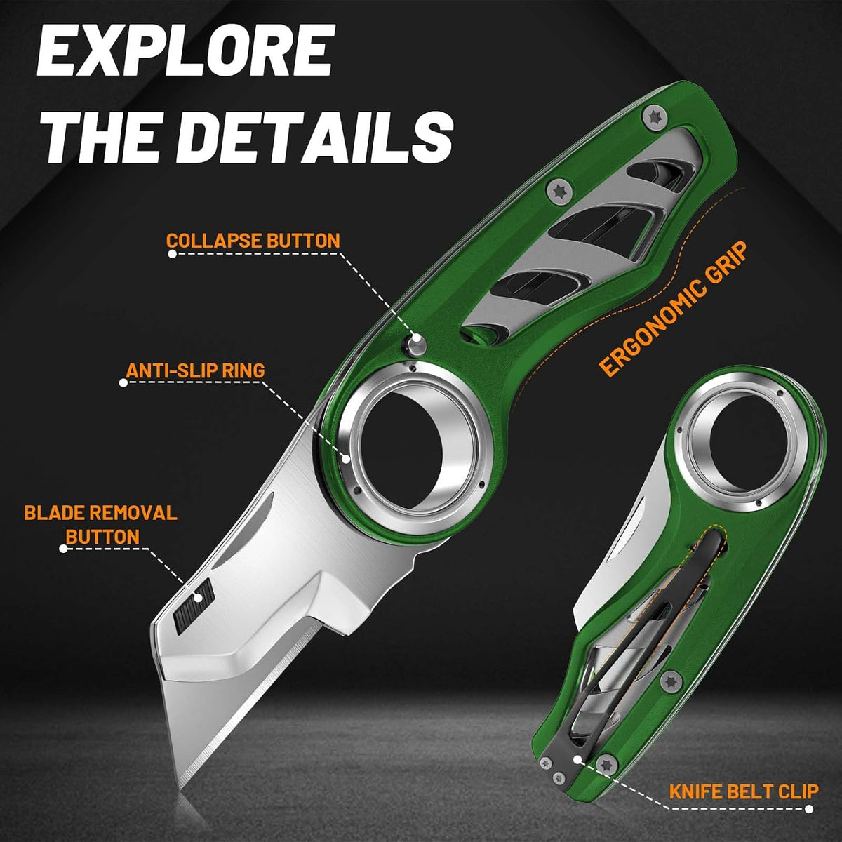 Folding Utility Knife Pocket Knife, Heavy-Duty Box Cutter with Aluminum Body, Quick-Change Blades, Anti Slip Finger Loop, Box Cutters for Home, Office, Warehouse, Durable Razor Knife, Box Knife - Grey